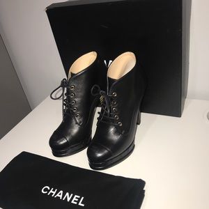 Chanel black leather booties lace up heels 36.5